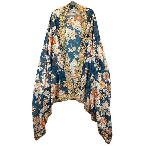 Boho Wrap Floral Art Scarf 35x89 Beachy Sarong Gold Sequins Teal Blue Peach - Picture 1 of 8